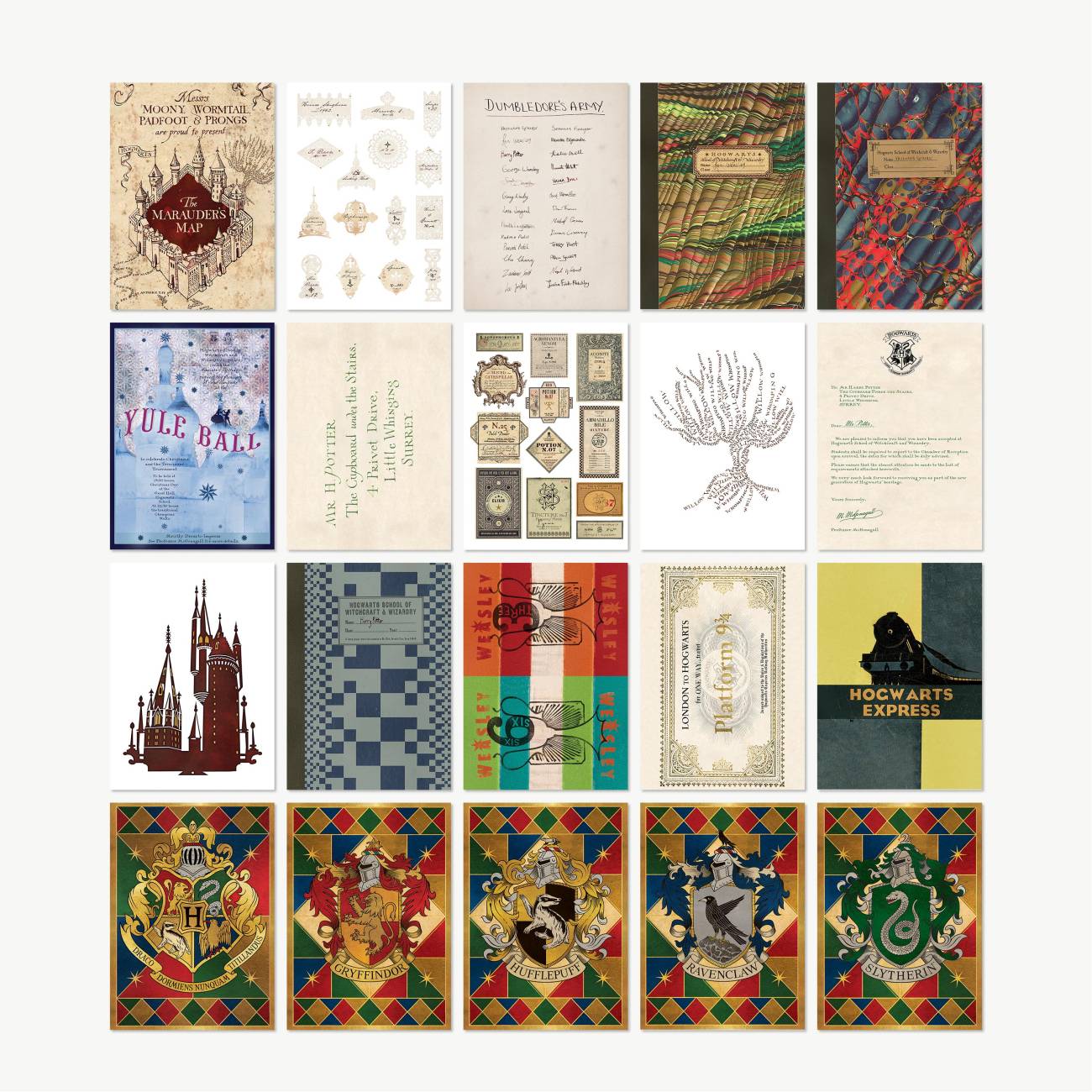 The Hogwarts Series postcard set with twenty different designs, bringing together graphic props from the 'Harry Potter' film series.