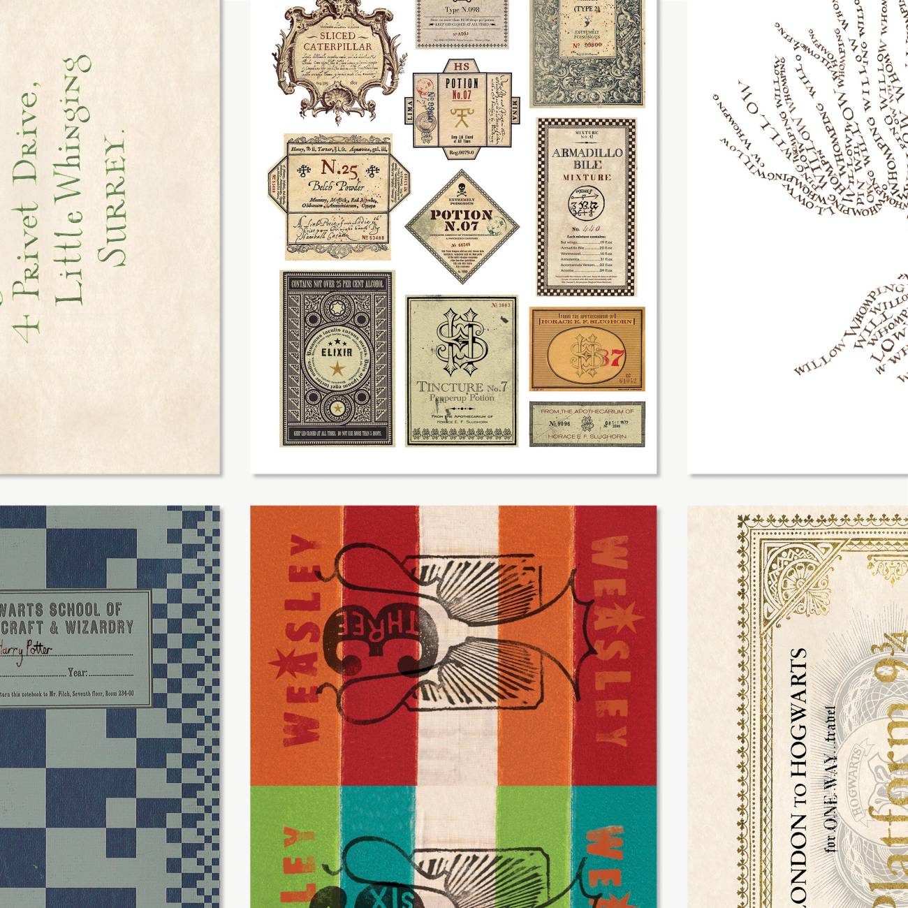 The Hogwarts Series postcard set with twenty different designs, bringing together graphic props from the 'Harry Potter' film series (zoomed-in view)