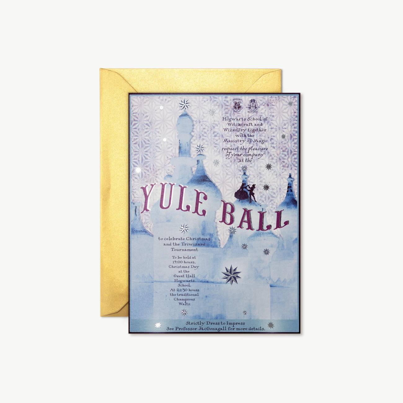 Notecard featuring the Yule Ball Poster, inspired by the authentic graphic prop for the film 'Harry Potter and the Goblet of Fire'.