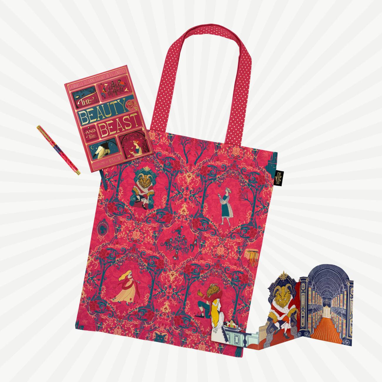 Enchanted Castle bundle - MinaLima Classics 'The Beauty and the Beast' tote bag, notebook, pen and 3D notecard.
