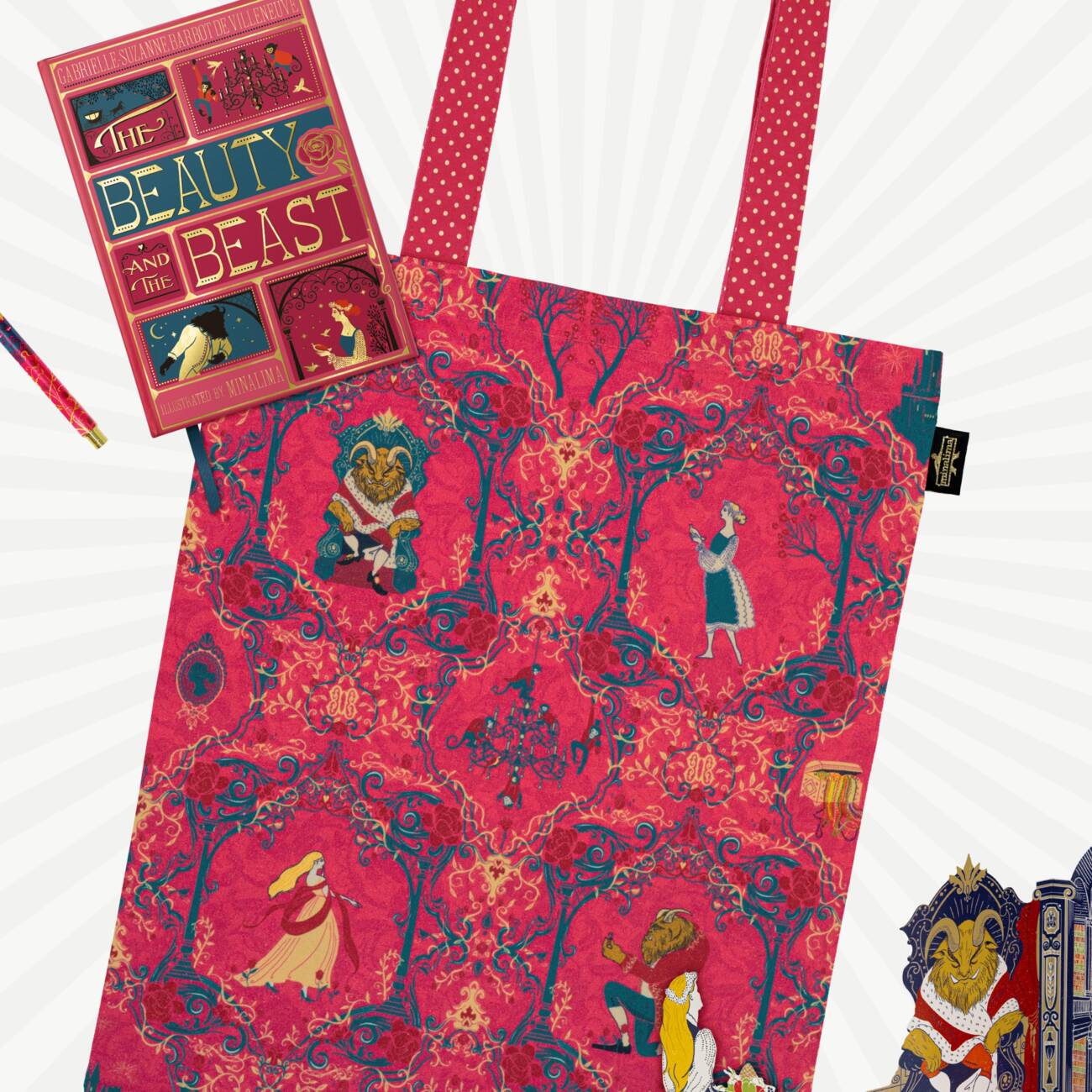 Enchanted Castle bundle - MinaLima Classics 'The Beauty and the Beast' tote bag, notebook, pen and 3D notecard.
